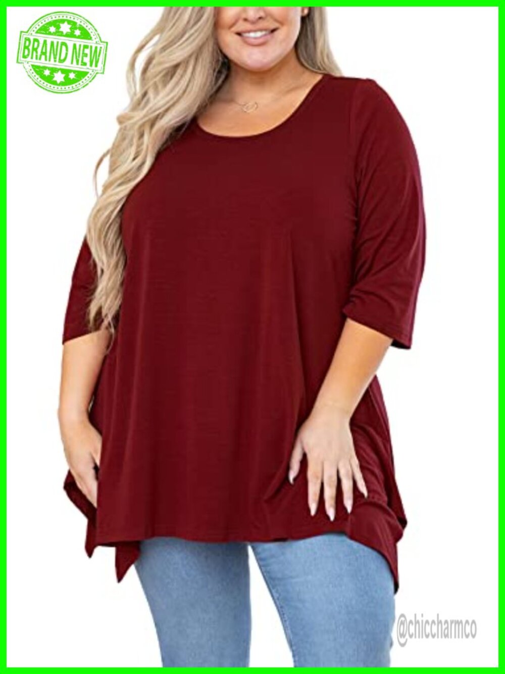 Plus Size Tunic 3/4 Sleeve Swing Babydoll Top Crewneck Blouse Flowy Shirts